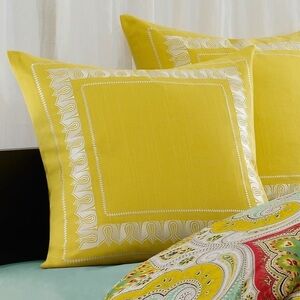 Echo Buttercup Yellow Pair of Euro Pillow Shams White Embroidery 24x25